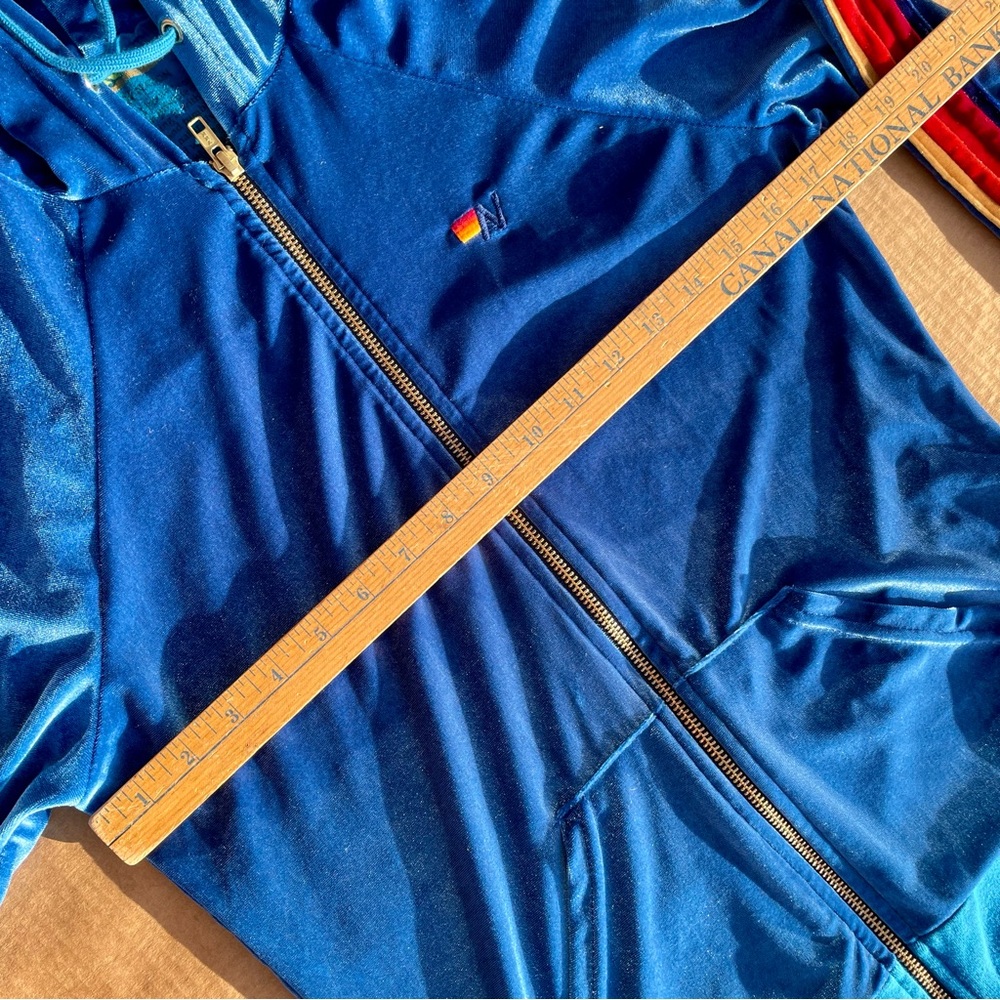 Aviator Nation Turquoise Velvet Full Zip Sweatshirt Hoodie Small Rainbow Stripes - Picture 10 of 13